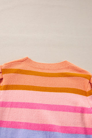 Rose Red Colorful Stripe Bubble Short Sleeve Sweater