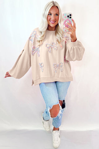 Parchment Embroidered Bow Lantern Sleeve Oversized Pullover Sweatshirt, A Blissfully Beautiful Boutique - A Blissfully Beautiful Boutique
