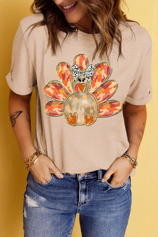 Khaki Thanksgiving Bowknot Turkey Graphic Crewneck Tee, A Blissfully Beautiful Boutique - A Blissfully Beautiful Boutique