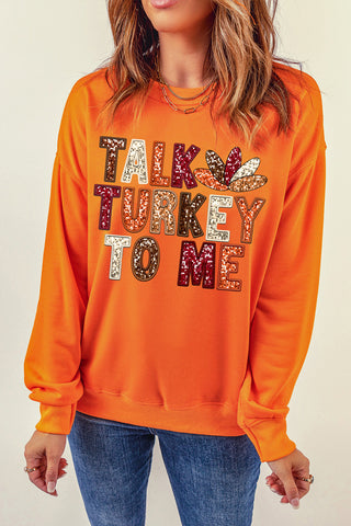 Orange TALK TURKEY TO ME Graphic Thanksgiving Holiday Sweatshirt, A Blissfully Beautiful Boutique - A Blissfully Beautiful Boutique
