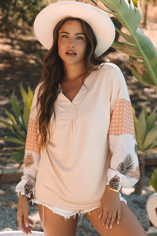 Jet Stream Palm Leaves Polka Dot Puff Sleeve Patchwork V Neck Loose Blouse, A Blissfully Beautiful Boutique - A Blissfully Beautiful Boutique