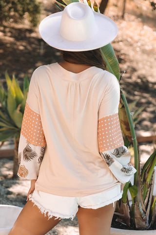 Jet Stream Palm Leaves Polka Dot Puff Sleeve Patchwork V Neck Loose Blouse, A Blissfully Beautiful Boutique - A Blissfully Beautiful Boutique