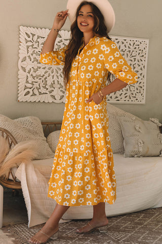 Yellow Flower Print Bracelet Sleeve Buttons Collared Maxi Dress, A Blissfully Beautiful Boutique - A Blissfully Beautiful Boutique