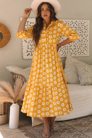 Yellow Flower Print Bracelet Sleeve Buttons Collared Maxi Dress, A Blissfully Beautiful Boutique - A Blissfully Beautiful Boutique
