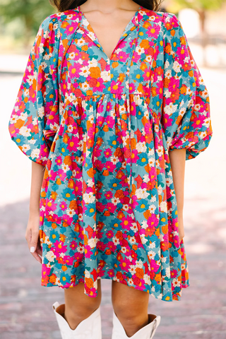 Sky Blue Floral Print Tie Split Neck Bubble Sleeve Babydoll Dress, A Blissfully Beautiful Boutique - A Blissfully Beautiful Boutique