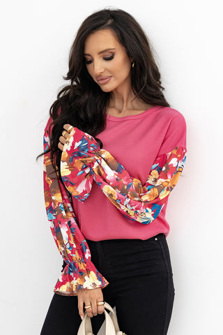 Sachet Pink Flower Patchwork Ruffled Sleeve Ribbed Knit Drop Shoulder Top, A Blissfully Beautiful Boutique - A Blissfully Beautiful Boutique