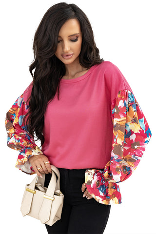 Sachet Pink Flower Patchwork Ruffled Sleeve Ribbed Knit Drop Shoulder Top, A Blissfully Beautiful Boutique - A Blissfully Beautiful Boutique