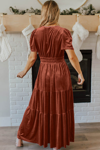 Chestnut Velvet Short Sleeve Shirred Waist Tiered Maxi Dress, A Blissfully Beautiful Boutique - A Blissfully Beautiful Boutique
