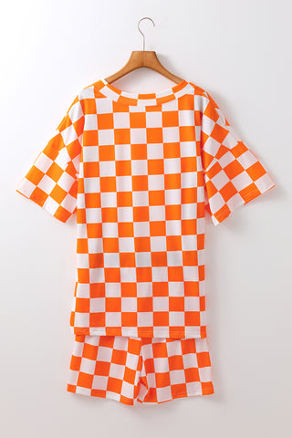 Orange Checkerboard Print V Neck Loose Tee and Shorts Lounge Set, A Blissfully Beautiful Boutique - A Blissfully Beautiful Boutique