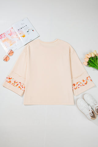 Beige Plus Size Flower Patched Side Slits Crewneck Top, A Blissfully Beautiful Boutique - A Blissfully Beautiful Boutique