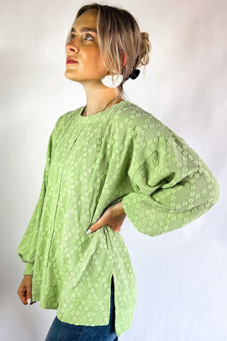 Light Green Solid Color Textured Side Split Crew Neck Blouse, A Blissfully Beautiful Boutique - A Blissfully Beautiful Boutique