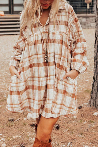 Brown Plaid Print Side Pockets Frilled Babydoll Mini Dress, A Blissfully Beautiful Boutique - A Blissfully Beautiful Boutique