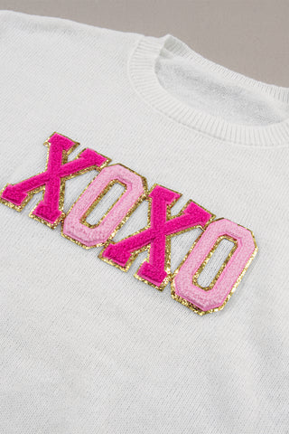 White XOXO Glitter Print Round Neck Casual Sweater, A Blissfully Beautiful Boutique - A Blissfully Beautiful Boutique