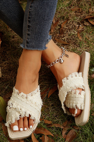Beige Tassel Woven Crossed Straps Flat Slippers, A Blissfully Beautiful Boutique - A Blissfully Beautiful Boutique