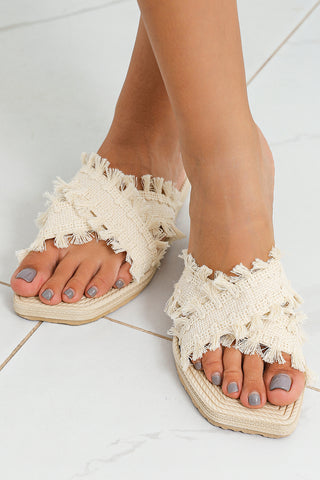 Beige Tassel Woven Crossed Straps Flat Slippers, A Blissfully Beautiful Boutique - A Blissfully Beautiful Boutique