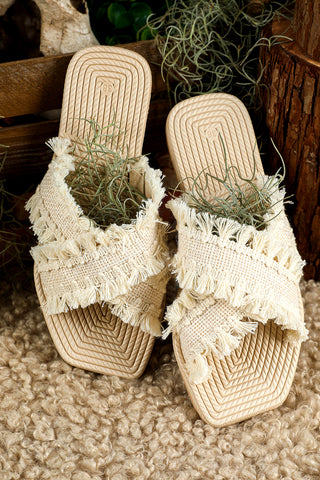 Beige Tassel Woven Crossed Straps Flat Slippers, A Blissfully Beautiful Boutique - A Blissfully Beautiful Boutique