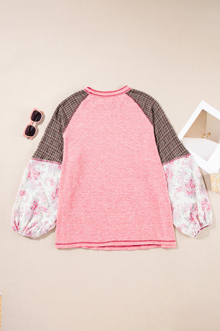 Pink Checkered Paisley Patchwork Raglan Sleeve Seamed Plus Size Top, A Blissfully Beautiful Boutique - A Blissfully Beautiful Boutique