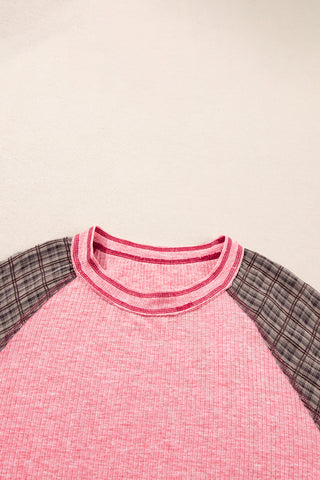 Pink Checkered Paisley Patchwork Raglan Sleeve Seamed Plus Size Top, A Blissfully Beautiful Boutique - A Blissfully Beautiful Boutique