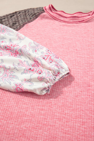 Pink Checkered Paisley Patchwork Raglan Sleeve Seamed Plus Size Top, A Blissfully Beautiful Boutique - A Blissfully Beautiful Boutique
