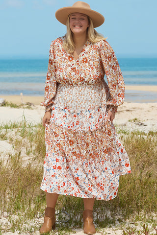 Khaki Plus Size Floral Tiered Ruffle Maxi Dress, A Blissfully Beautiful Boutique - A Blissfully Beautiful Boutique