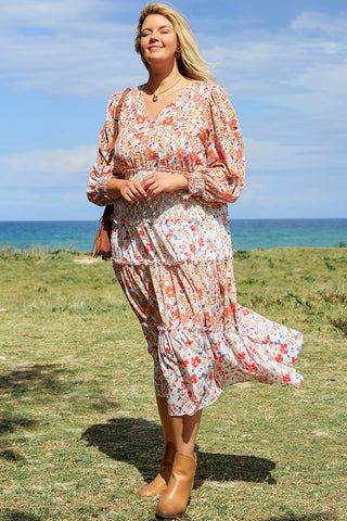 Khaki Plus Size Floral Tiered Ruffle Maxi Dress, A Blissfully Beautiful Boutique - A Blissfully Beautiful Boutique