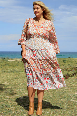 Khaki Plus Size Floral Tiered Ruffle Maxi Dress, A Blissfully Beautiful Boutique - A Blissfully Beautiful Boutique