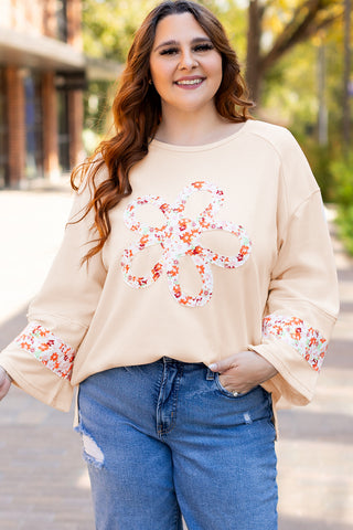 Beige Plus Size Flower Patched Side Slits Crewneck Top, A Blissfully Beautiful Boutique - A Blissfully Beautiful Boutique