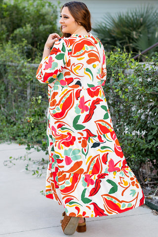 Orange Floral Print Drawstring V Neck Tiered Plus Size Dress, A Blissfully Beautiful Boutique - A Blissfully Beautiful Boutique