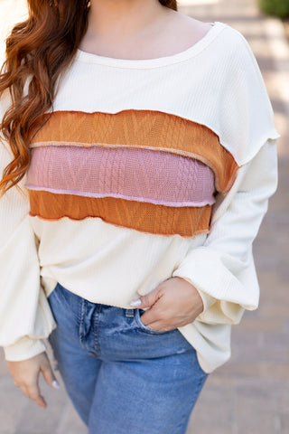 White Corded Exposed Seam Knit Patchwork Drop Sleeve Top, A Blissfully Beautiful Boutique - A Blissfully Beautiful Boutique