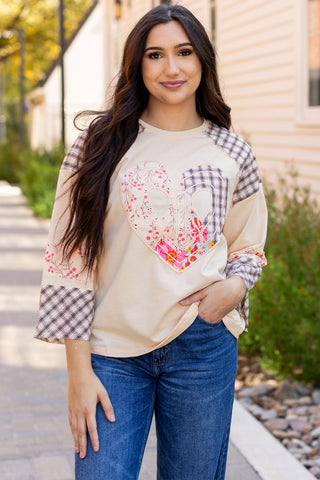 Beige Plaid Floral Peace Heart Graphic Wide Long Sleeve Top, A Blissfully Beautiful Boutique - A Blissfully Beautiful Boutique