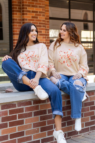Beige Flower Patch Graphic Exposed Seam Wide Sleeve Top, A Blissfully Beautiful Boutique - A Blissfully Beautiful Boutique
