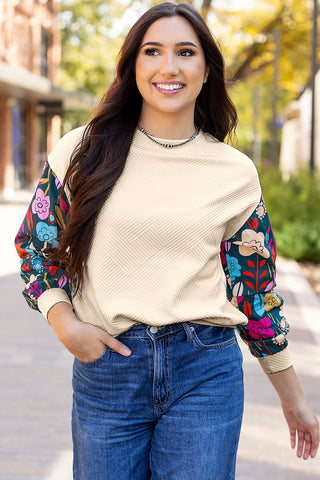 White Contrast Floral Sleeve Textured Drop Shoulder Knit Top, A Blissfully Beautiful Boutique - A Blissfully Beautiful Boutique