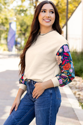 White Contrast Floral Sleeve Textured Drop Shoulder Knit Top, A Blissfully Beautiful Boutique - A Blissfully Beautiful Boutique