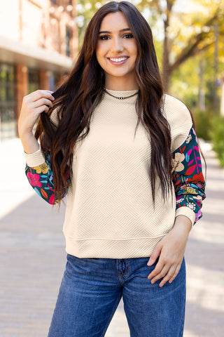 White Contrast Floral Sleeve Textured Drop Shoulder Knit Top, A Blissfully Beautiful Boutique - A Blissfully Beautiful Boutique