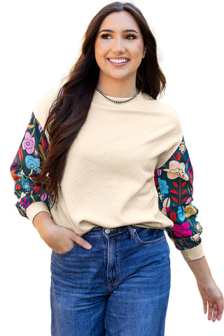 White Contrast Floral Sleeve Textured Drop Shoulder Knit Top, A Blissfully Beautiful Boutique - A Blissfully Beautiful Boutique