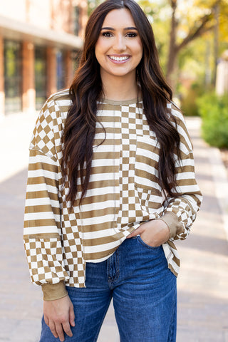 Khaki Checkerboard Striped Patchwork Lantern Sleeve Pocketed Blouse, A Blissfully Beautiful Boutique - A Blissfully Beautiful Boutique