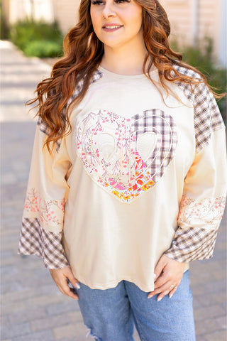 Beige Plaid Floral Peace Heart Graphic Wide Long Sleeve Top, A Blissfully Beautiful Boutique - A Blissfully Beautiful Boutique