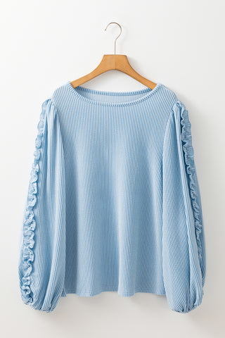 Mist Blue Corded Frilly Puff Sleeve Round Neck Blouse, A Blissfully Beautiful Boutique - A Blissfully Beautiful Boutique