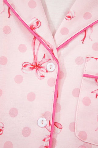 Pink Bow Print Contrast Pipping Short Pajamas Set, A Blissfully Beautiful Boutique - A Blissfully Beautiful Boutique