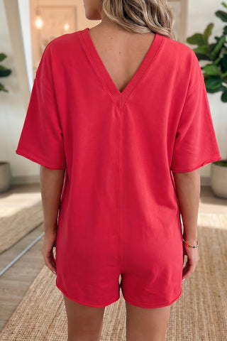 Fiery Red Solid Color Raw Edge Half Sleeve Pocketed Loose Romper, Dear-Lover Dropshipping - A Blissfully Beautiful Boutique