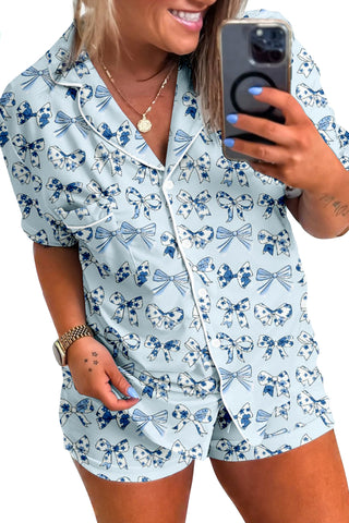 Sky Blue Bow Print Short Pajama Set, Dear-Lover Dropshipping - A Blissfully Beautiful Boutique