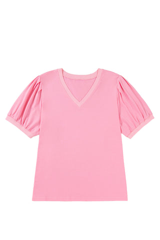 Bonbon V Neck Pleated Short Puff Sleeve Plus Size Blouse, Dear-Lover Dropshipping - A Blissfully Beautiful Boutique