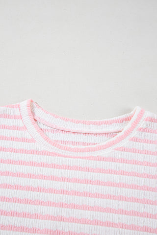 Pink Stripe Knitted Short Sleeve Top and Drawstring Shorts Set