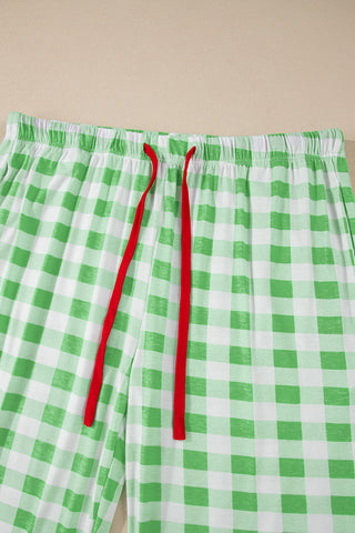 Green Plaid Print Contrast Trim Long Sleeve Plus Size Pajama Set, A Blissfully Beautiful Boutique - A Blissfully Beautiful Boutique