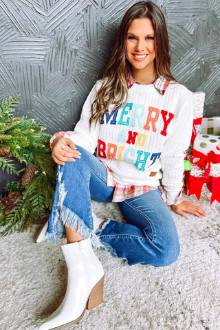Bright White Merry And Bright Cable Knit Pullover Sweatshirt, A Blissfully Beautiful Boutique - A Blissfully Beautiful Boutique