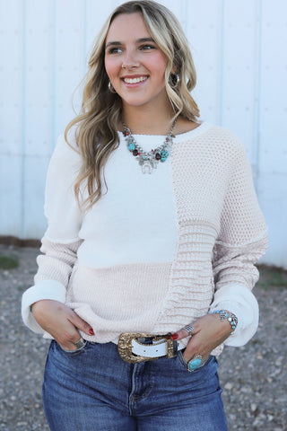 Oatmeal Mixed Pattern Knit Tie Keyhole Drop Shoulder Sweater, A Blissfully Beautiful Boutique - A Blissfully Beautiful Boutique