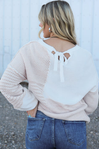 Oatmeal Mixed Pattern Knit Tie Keyhole Drop Shoulder Sweater, A Blissfully Beautiful Boutique - A Blissfully Beautiful Boutique