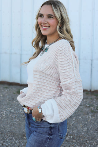 Oatmeal Mixed Pattern Knit Tie Keyhole Drop Shoulder Sweater, A Blissfully Beautiful Boutique - A Blissfully Beautiful Boutique