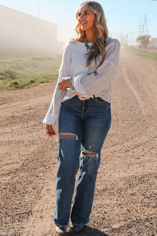 Oatmeal Mixed Pattern Knit Tie Keyhole Drop Shoulder Sweater, A Blissfully Beautiful Boutique - A Blissfully Beautiful Boutique