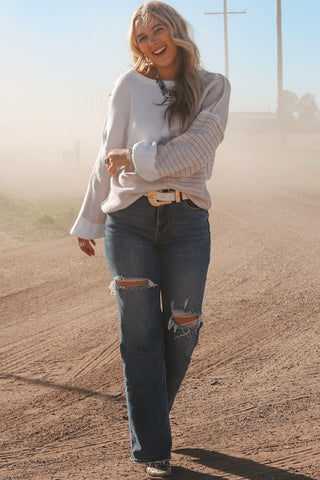 Oatmeal Mixed Pattern Knit Tie Keyhole Drop Shoulder Sweater, A Blissfully Beautiful Boutique - A Blissfully Beautiful Boutique